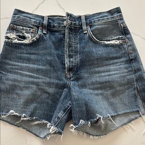Agolde Blue Frayed Hem Jean Shorts